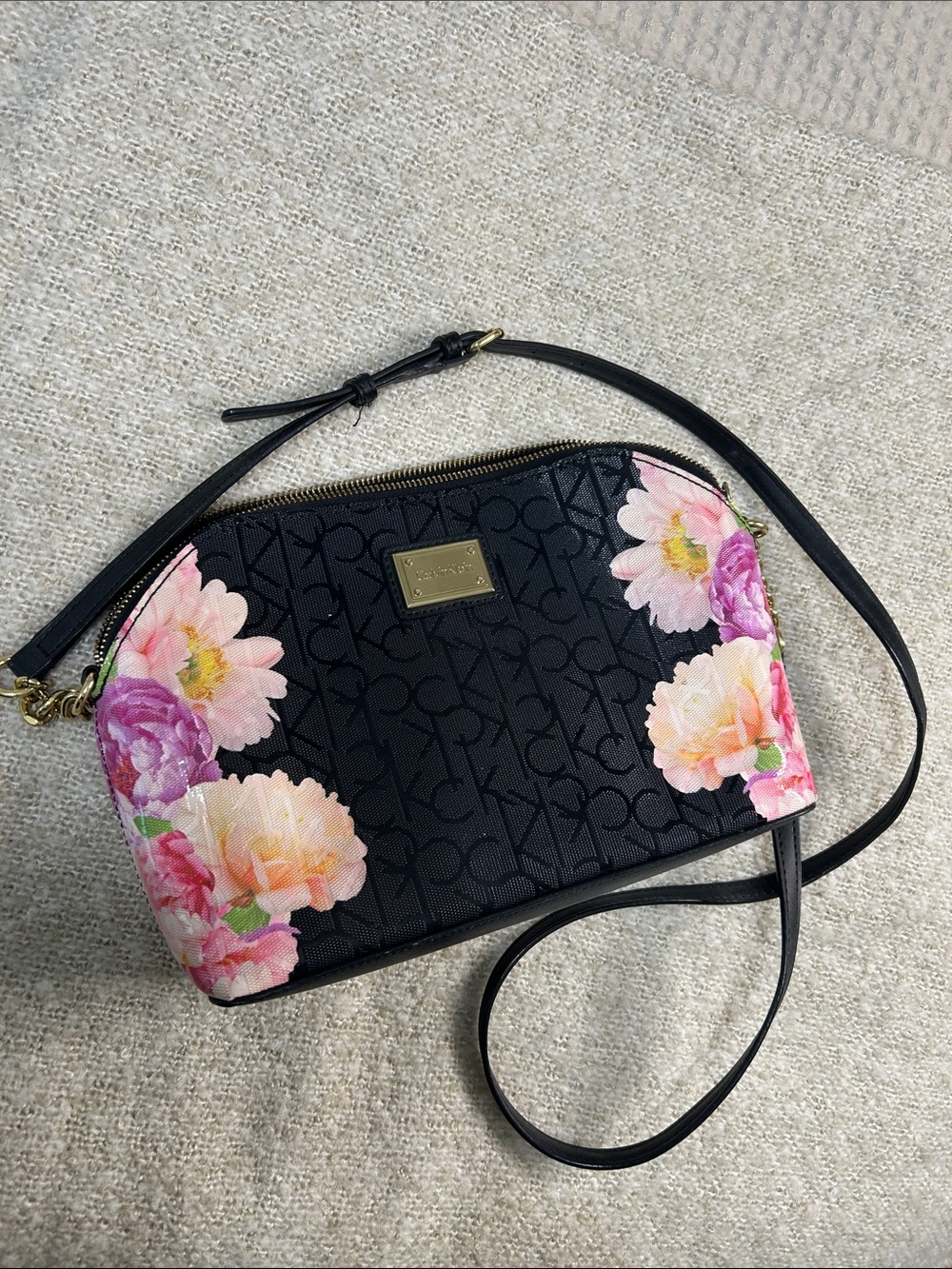 Calvin Klein Black Crossbody with Pink Floral Corners